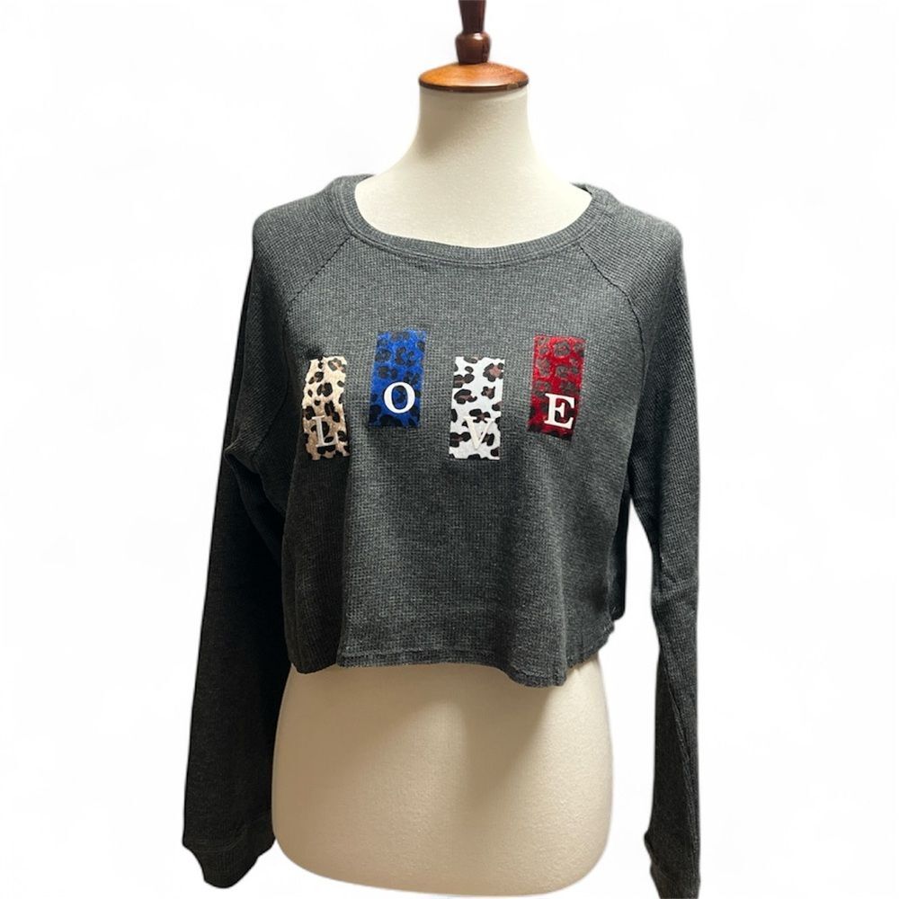 Akaiv Charcoal Waffle Knit LOVE Graphic Cropped Long Sleeve Top Size S, M & L